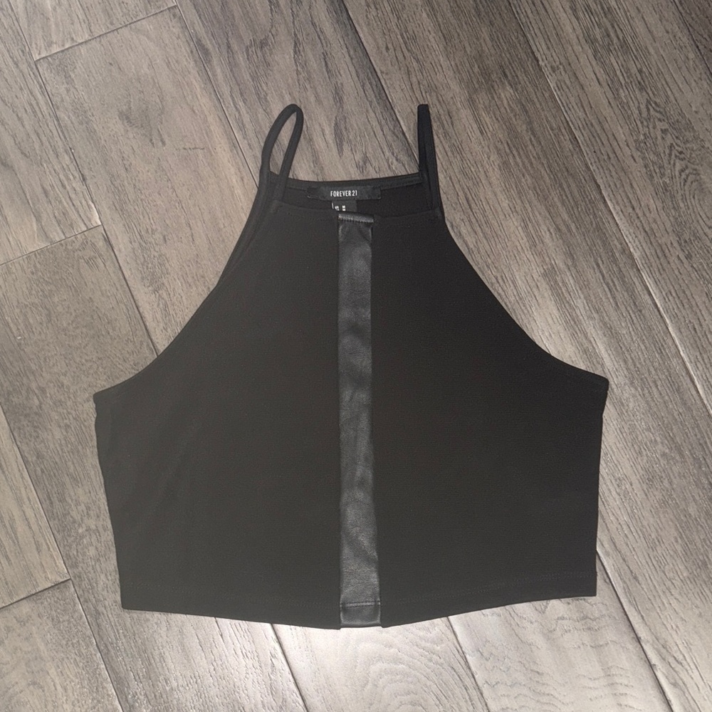 Forever 21 Black fitted Crop Top with faux leather detail